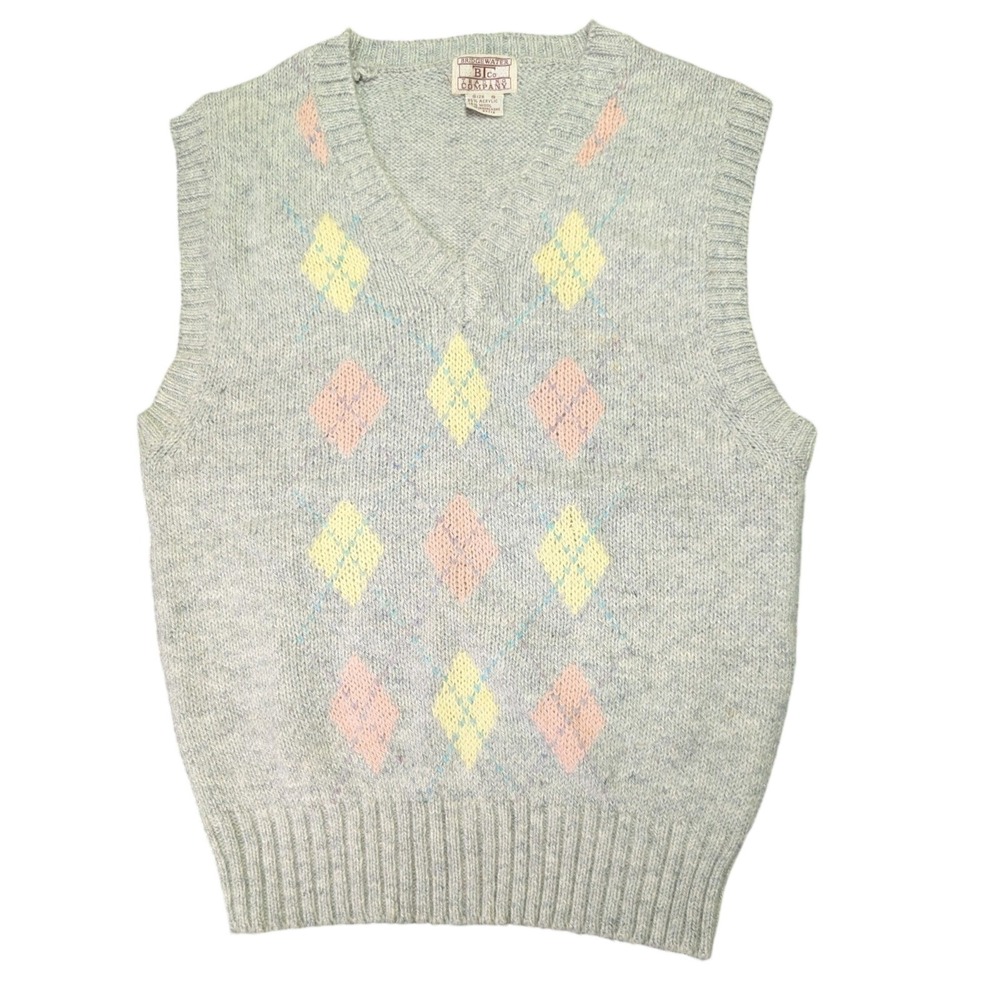 VTG Bridgewater Trading Co Wool Argyle Sweater Vest Small Gray Pastel Preppy